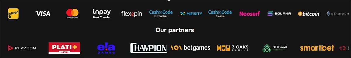 Payments and partners section displaying logos for Interac, Visa, Mastercard, Inpay, flexepin, CashtoCode, MiFinity, Neosurf, Solana, Bitcoin, Ethereum, and partner logos including Playson, PLATI+, ELA Games, Champion, BetGames, 3 Oaks Gaming, Netgame, and Smartbet on a dark background.