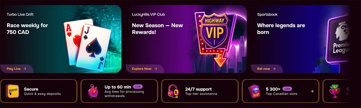 Lucky Hills casino homepage section with promo banners for a 750 CAD live race, VIP club rewards, and sportsbook betting, plus feature boxes for secure deposits, withdrawals in up to 60 minutes, 24/7 support, and 5,300+ slot games.